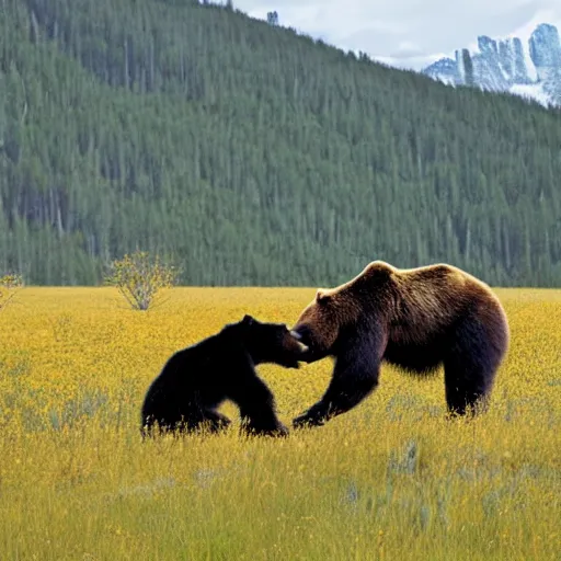 Image similar to realistic photo of a human - size black spider fighting a grizzly bear in a meadow