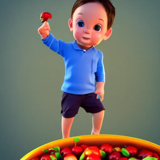 Prompt: close - up of a tiny!!! boy standing on a plate!!! and carrying a ( beachball - sized ) cherry in his arms, ultra realistic, highly detailed, sharp focus, cinematic lighting, mood lighting, realistic, vivid colors, photorealistic, artstation