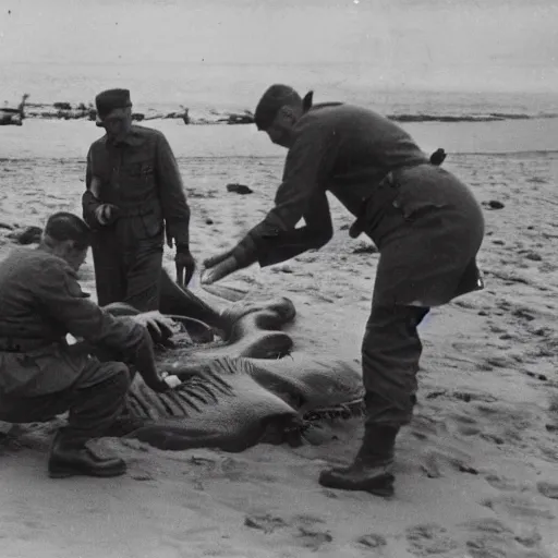 Image similar to 1940s photo, long shot, 5 soldiers looking at a huge creature washed up on a beach