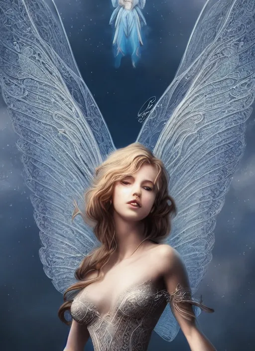 Image similar to full body portrait of a beautiful fairy women with wings of lace, by artgerm, sunny day, highly detailed, perfect lighting, perfect composition, symmetry, detailed features, 4 k, by alan lee, by derek zabrocki, by greg rutkowski