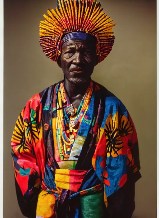 Prompt: analogue photo of an african chief wearing a colourful Japanese Kimono, african facial features, full body shot, rembrandt lighting, 35mm, f/1.4, photographed by Philippe Halsman,