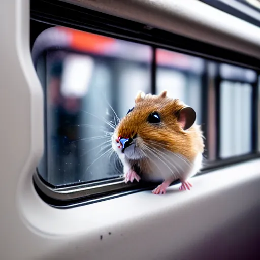 Image similar to photo of a hamster inside a train, looking out of a train window, various poses, unedited, soft light, sharp focus, 8 k