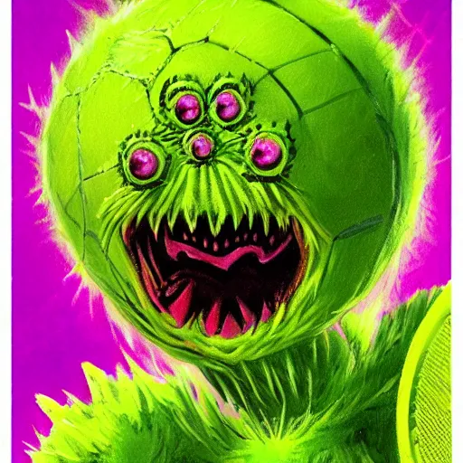 Prompt: a tennis ball monsters ,spider, colorful, digital art, fantasy, magic, trending on artstation, ultra detailed, professional illustration by Basil Gogos