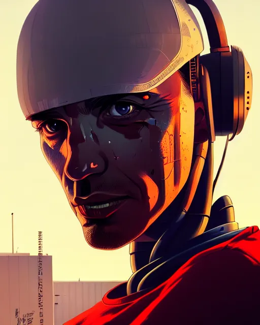 Image similar to hyper - realistic portrait of a damaged and broken robot, gta v cover art, celshading, sharp focus, intricate, detailed, rhads, andreas rocha, makoto shinkai, lois van baarle, ilya kuvshinov, greg rutkowski, dynamic lighting, grunge aesthetic, 4 k