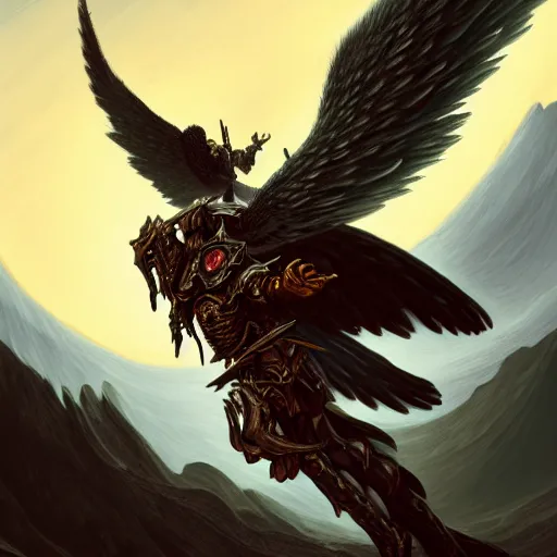 Image similar to painting of a fallen angel paladin with big burnt wings reaching the summit of a haunted mountain, sharp focus, award - winning, trending on artstation, masterpiece, highly detailed, intricate. art by johannes voss