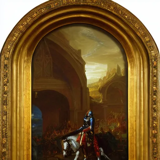 Image similar to an oil painting of a knight wearing plate armor in a church, 4 k, highly detailed, painted by thomas cole