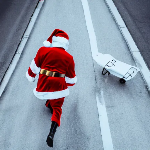 Image similar to santa making an escape with a sack of cash, running from a bank, 8 k, drone photo