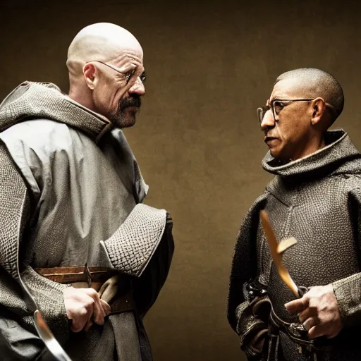 Image similar to walter white and gustavo fring dress like knights from game of thrones, fighting with swords, cinematic, highly - detailed, 8 k, hbo, game of thrones, realistic