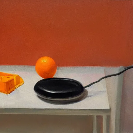 Prompt: an electric tooth brush on an orange table, painting