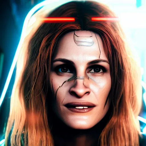 Image similar to julia roberts portrait, cyberpunk 2 0 7 7, cyberpunk rogue amendiares, photorealistic, ultra detailed, neon, octane, bokeh, cinematic lighting, cyber, cyberpunk city, studio quality, feature, scars, cyberface, 8 k