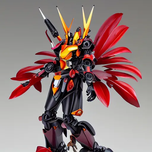 Prompt: futuristic chiranthodendron pentadactylon mecha devils hand body, sepals forming helmet, floral details, chiranthodendron, 8 k hd resolution, barbatos gundam with floral inlay, bandai box art, star wars, makoto kobayashi, frank gehry, raymond swanland