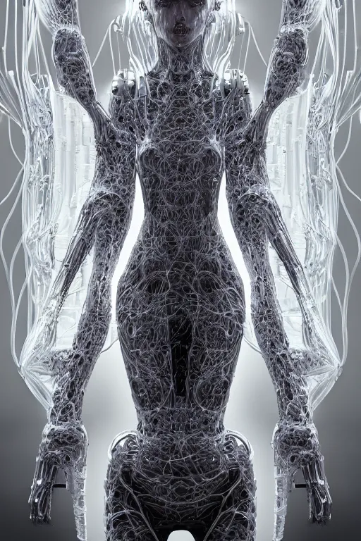 Image similar to iris van herpen, perfect symmetrical body, full body shot, inflateble shapes, wires, tubes, veins, jellyfish, white biomechanical details, wearing epic bionic cyborg implants, masterpiece, intricate, biopunk, vogue, highly detailed, artstation, concept art, cyberpunk, octane render