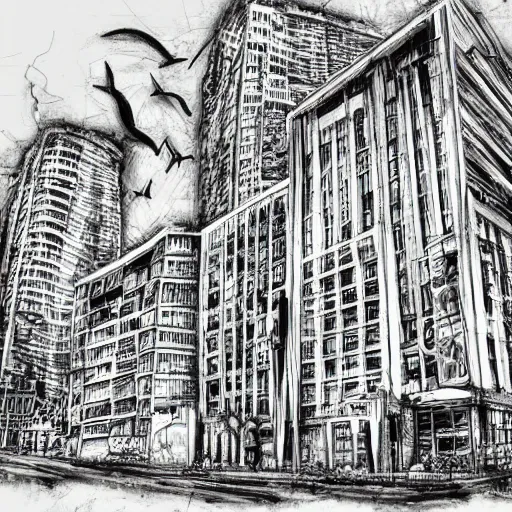 Image similar to a world fallen by disease, cities completely wasted away, nature taken over and grow over buildings, high quality sketch art