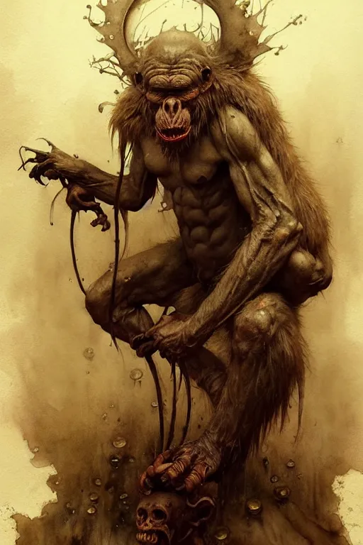 Image similar to ape demon | esoteric symbolism | jean - baptiste monge, esao andrews, bastien lecouffe - deharme, tim jacobus, ken currie | ultra - detailed realism, soft cinematic lighting, hi - fructose, artstation, high - quality, ink watercolors wes anderson poster art