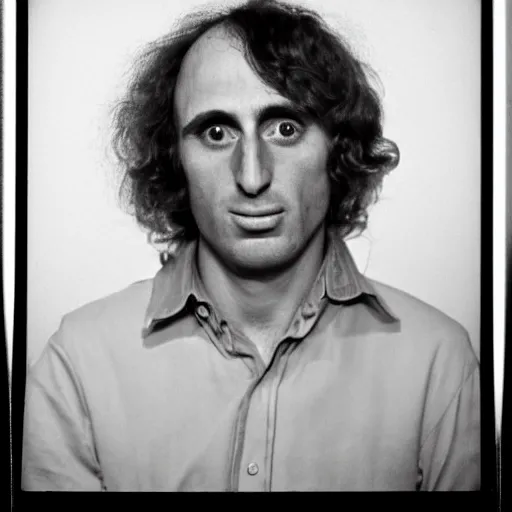 Prompt: Mugshot Portrait of Tiny Tim, taken in the 1970s, photo taken on a 1970s polaroid camera, grainy, real life, hyperrealistic, ultra realistic, realistic, highly detailed, epic, HD quality, 8k resolution, body and headshot, film still, front facing, front view, headshot and bodyshot, detailed face, very detailed face