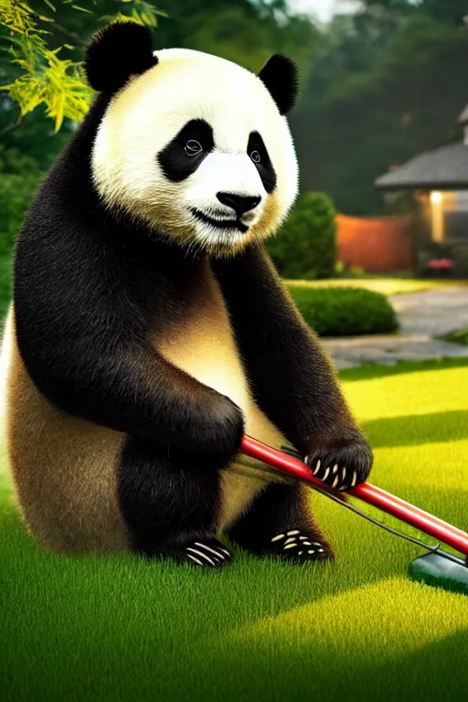 Prompt: a panda mowing his lawn with an old school lawn mawer, suburban garden, golden hour, cgsociety and beeple highly detailed, cinematic lighting, illustration, art, octane render, unreal engine lumen, very coherent. cinematic, hyper realism, high detail, octane render, 8 k