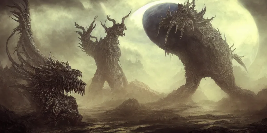 Image similar to concept art of giant alien kaiju, lovecraftian, renaissance, roaring, melting horror, round moon, rich clouds, fighting the horrors of the unknown, mirrors, very detailed, volumetric light, mist, grim, fine art, decaying, textured oil over canvas, epic fantasy art, very colorful, ornate scales, anato finnstark