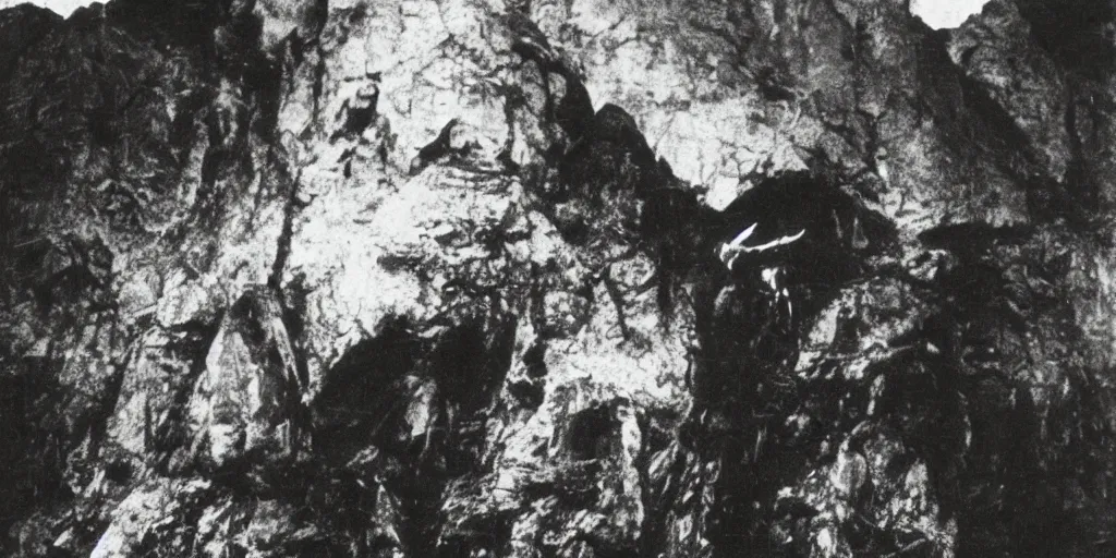 Prompt: krampus eating a mountain, 1920s photography, grainy, eerie, dark