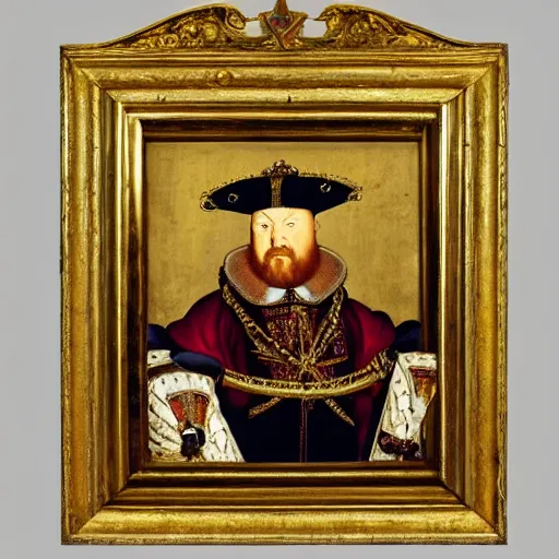 Prompt: king henry viii building a pc computer electronics screen keyboard case, wearing a crown and royal robes, 17th century detailed oil painting with a gilded frame