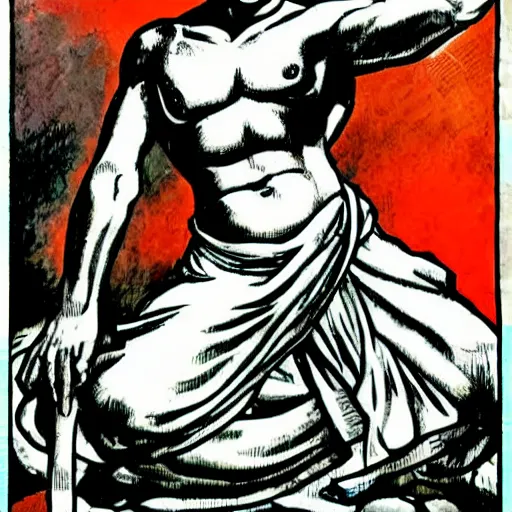 Image similar to Gandhi in an action pose in the style of jack kirby, comic book art, Jack kirby art,