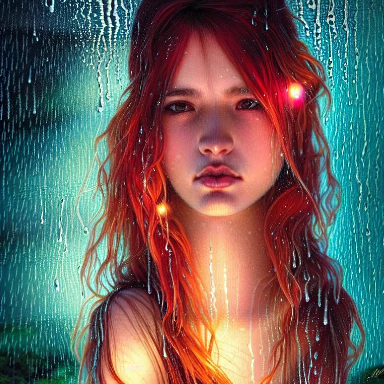 Image similar to bright asthetic portrait LSD glowing backlit rain on face and wet hair, fantasy, intricate, elegant, dramatic lighting, highly detailed, lifelike, photorealistic, digital painting, artstation, illustration, concept art, smooth, sharp focus, art by John Collier and Albert Aublet and Krenz Cushart and Artem Demura and Alphonse Mucha