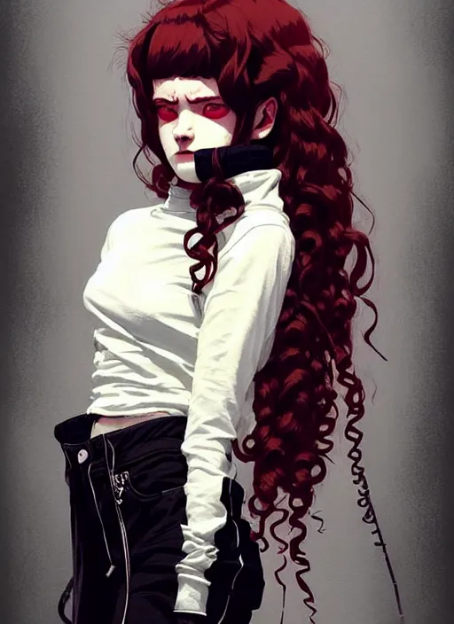 Image similar to highly detailed portrait of a goth teenager, tartan hoody, ringlet hair by atey ghailan, by greg rutkowski, by greg tocchini, by james gilleard, by joe fenton, by kaethe butcher, gradient red, black, cream and white color scheme, trending in pinterest, award winning details