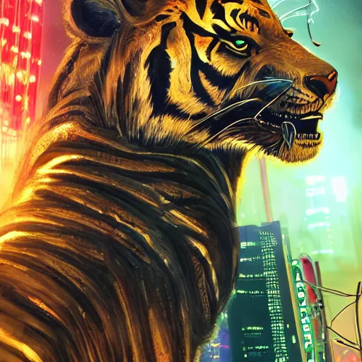 Image similar to a beautfiul award winning commission portrait of an anthro tiger in the neon cyberpunk city at night,wearing a leather jacket,glow effect,detailed face,photorealistic,character design by charles bowater,ross tran,deviantart,artstation,digital art,hyperdetailed,realistoc,western comic style,vfx,dramatic,dream-like