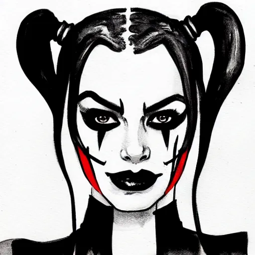 Prompt: harley quinn portrait drawn in black and white watercolor