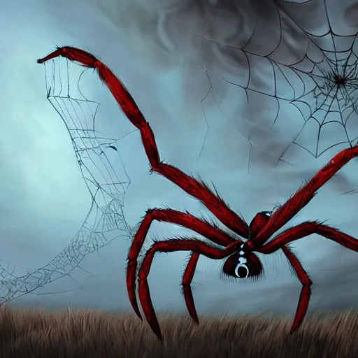 Prompt: Giant spider with red eyes and huge web, eating a bird alive, digital painting, photorealism, creepy, horror artwork