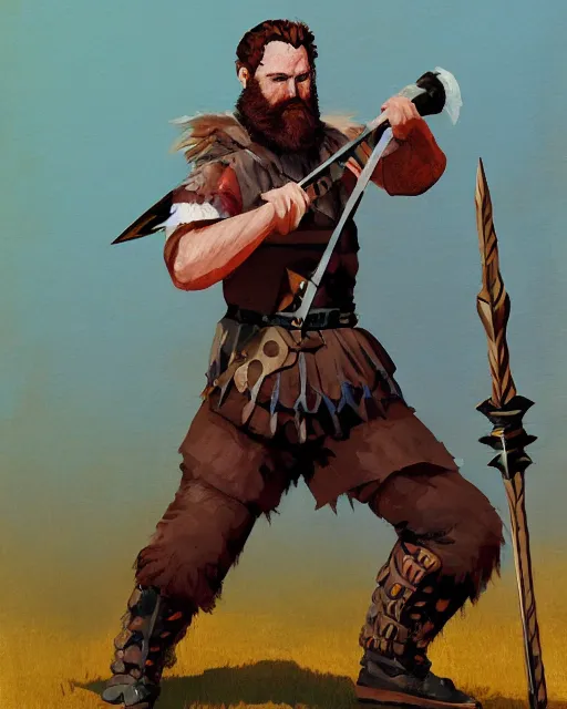 Prompt: hardwon surefoot, hirsute level 2 0 dnd human fighter wielding magical war hammer. full character concept art, realistic, high detail digital gouache painting by angus mcbride.