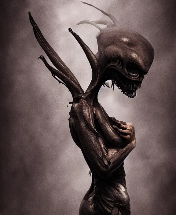 Image similar to xenomorph hugging pale sad beauty merging, dark mist colors, giger background liminal void, digital art, cinematic lighting, realistic, award winning photograph, various refining methods, micro macro autofocus