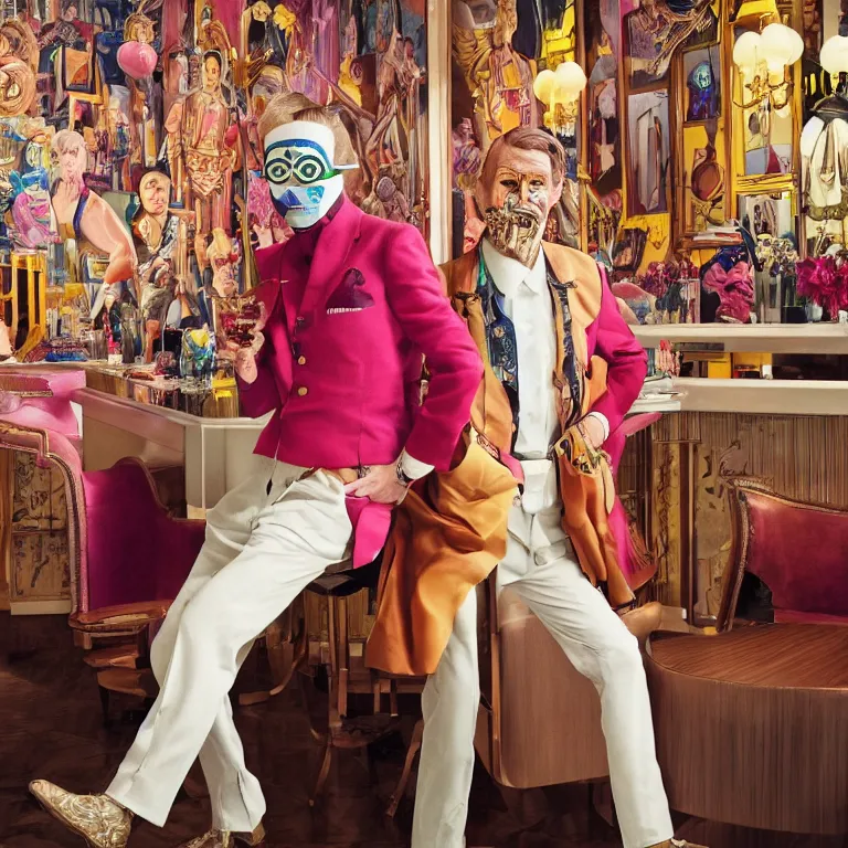 Image similar to vogue photoshoot octane render portrait by wayne barlow and carlo crivelli and glenn fabry, focus on an eccentric man in a bright colorful pastel wes anderson uniform and a black robber mask inside a high - end exotic vintage boutique hotel bar, very short depth of field, bokeh