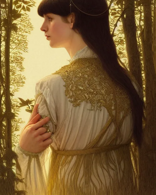 Image similar to symmetry portrait of welsh brunette student in mans tunic, embroidery, tomboy, short hair, intricate forest background, intricate, elegant, highly detailed, digital painting, artstation, concept art, smooth, sharp focus, illustration, art by artgerm and greg rutkowski and fra angelico and alphons mucha