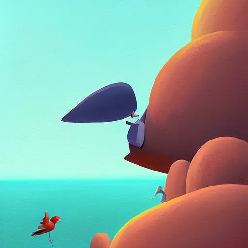 Prompt: goro fujita ilustration view from the sky of a bird with open wings full of feathers, flying over the ocean with waves and rocks, painting by goro fujita, sharp focus, highly detailed, artstation