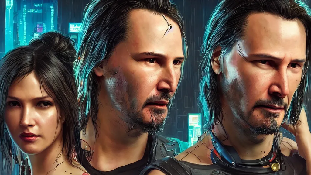 Image similar to a cyberpunk 2077 couple portrait of Keanu Reeves&female android in final kiss,love,film lighting,by Laurie Greasley,Lawrence Alma-Tadema,Dan Mumford,John Wick,Speed,Replicas,artstation,deviantart,FAN ART,full of color,Digital painting,face enhance,highly detailed,8K,octane,golden ratio,cinematic lighting