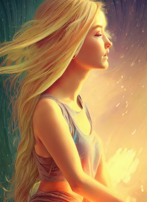 Prompt: handsome young women with shoulder length blonde hair, epic, half body shot, path traced, highly detailed, high quality, digital painting, alena aenami, lilia alvarado, shinji aramaki, karol bak, alphonse mucha, tom bagshaw