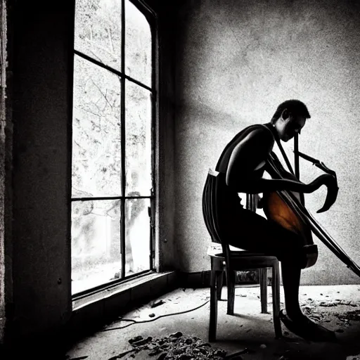 Image similar to abandoned places with a cello, cinematic light,