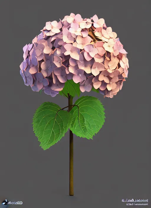 Image similar to an isolated hydrangea plant, 3 d rendered, art nouveau style, ultra realistic, masked transparent flat background, popular on sketchfab, pixelsquid, 8 k, volumetric lighting, super focused, no blur, trending on artstation, octane render, ultra detailed, hyperrealistic, by alphonse mucha