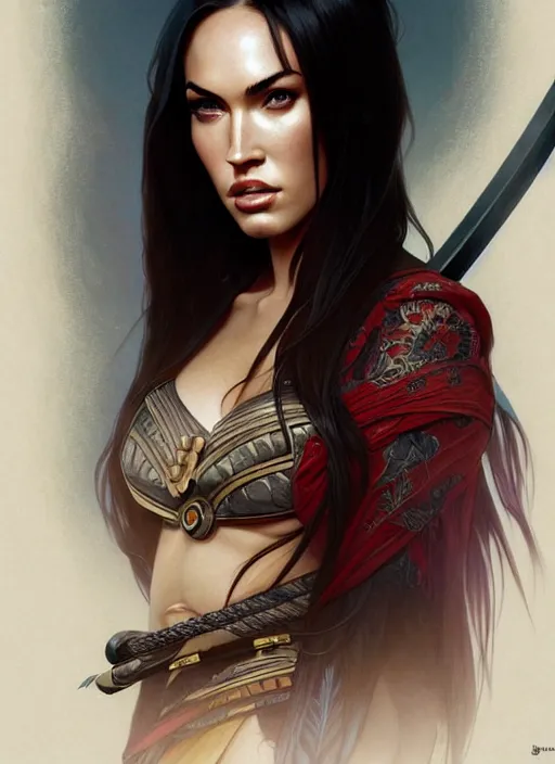 Prompt: portrait of megan fox as samurai, asian, katana, blossom, silk, japan, intricate, headshot, highly detailed, digital painting, artstation, concept art, sharp focus, cinematic lighting, illustration, art by artgerm and greg rutkowski, alphonse mucha, cgsociety