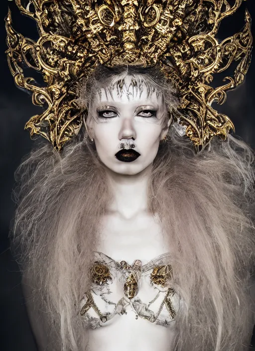 Prompt: a portrait of female model by stefan geselle and nekro borja, photorealistic, intricate details, hyper realistic, fantasy, ornate metal gold headpiece, photorealistic, canon r 3, photography, wide shot, photography, dark beauty, symmetrical features, wide angle shot, whole body, full body shot, standing pose