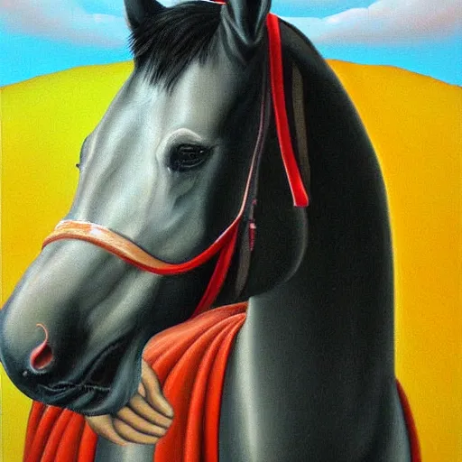 Prompt: beautiful surreal painting of a horse and man by vito campanella,