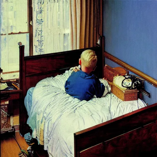 Prompt: painting of a blonde boy with blue eyes praying next to his bed that god will answer his prayers, crescent moon is visible outside his window, by Norman Rockwell,