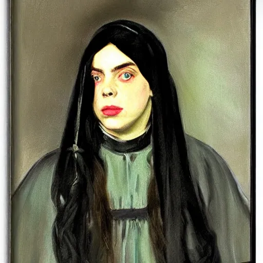 Image similar to Billie Eilish as a nun, painted by Robert Henri
