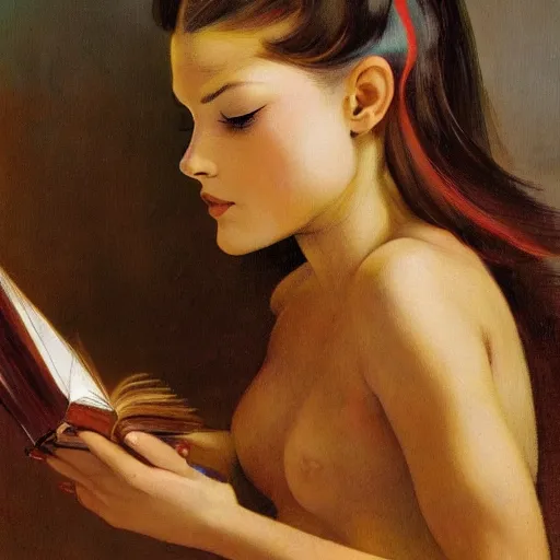 Image similar to a girl reading book, hair flowing down, in the style of Frank Frazetta, Jeff Easley, Caravaggio, extremely clear and coherent, clear lines, 8K revolution