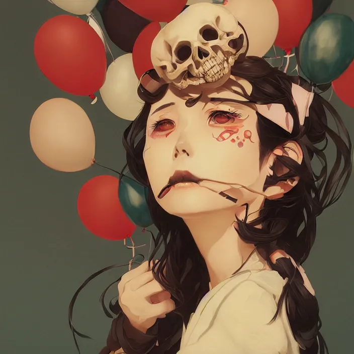 Image similar to anime skull portrait woman, balloons, mucha, hard shadows and strong rim light, art by jc leyendecker and atey ghailan and sachin teng