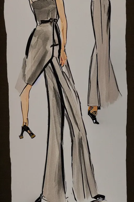 Image similar to a detailed fashion illustration of a midcentury hostess gown pants set