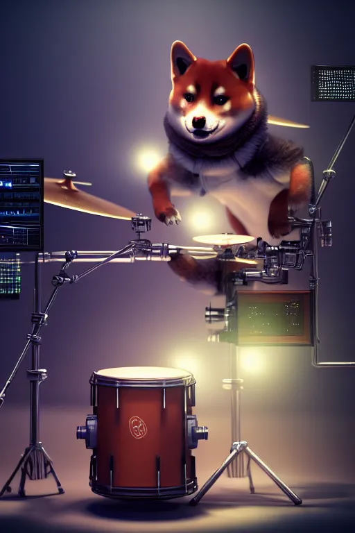 Image similar to high quality 3 d render very cute cyborg! shiba inu plays drums, cyberpunk highly detailed, unreal engine cinematic smooth, in the style of blade runner & pixar, hannah yata charlie immer, moody light, low angle, uhd 8 k, sharp focus