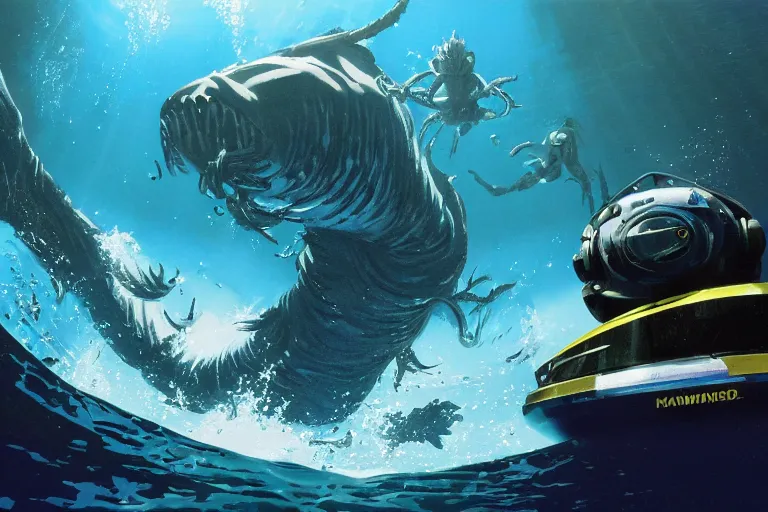 Image similar to incredible screenshot of an underwater swimming robot, dynamic camera angle, deep 3 point perspective, fish eye, dynamic extreme foreshortening of the giant sea monster it is fighting, sunlight pierces the water illuminating the robot, by phil hale, ashley wood, geoff darrow, james jean, 8k, hd, high resolution print