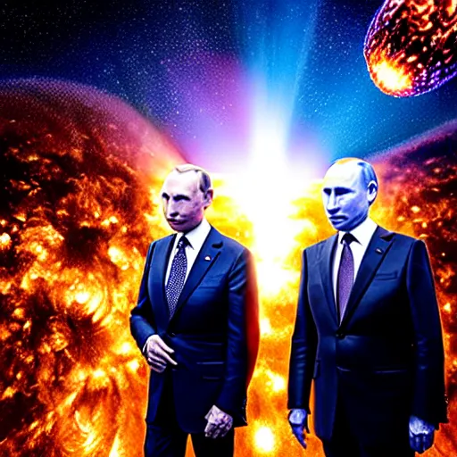 Image similar to uhd candid photo of cosmic joe biden and vladimir putin blowing up the entire solar system while high, glowing, global illumination, studio lighting, radiant light, hyperdetailed, correct faces, elaborate intricate details. photo by annie leibowitz