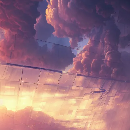 Prompt: a digital painting of clouds and a gate, cyberpunk art by mike winkelmann, behance contest winner, psychedelic art, tesseract, apocalypse art, darksynth